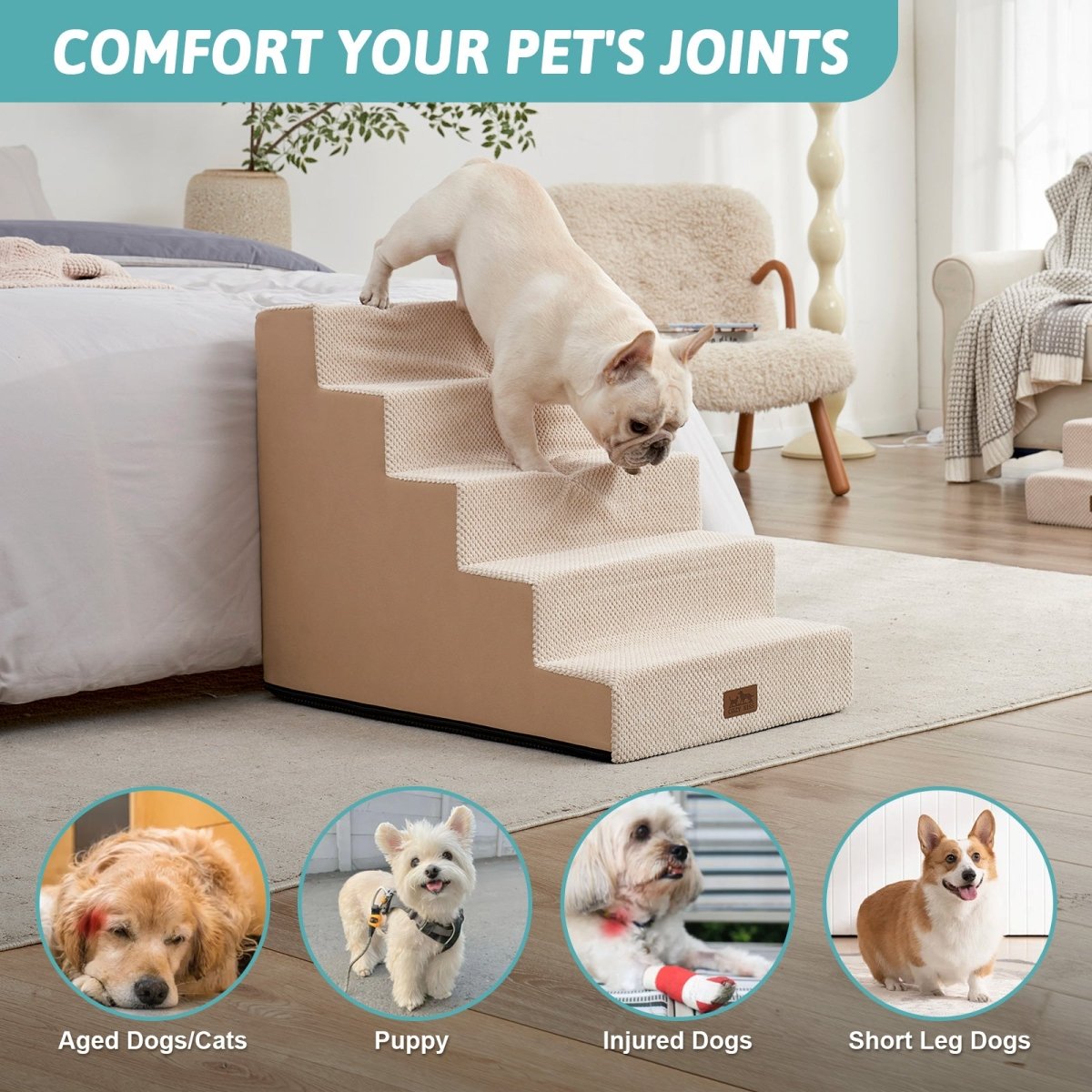 Cozy Bliss foam pet stairs help comfort joints for aged dogs, puppies, injured dogs, and short-leg dogs. #color_Beige