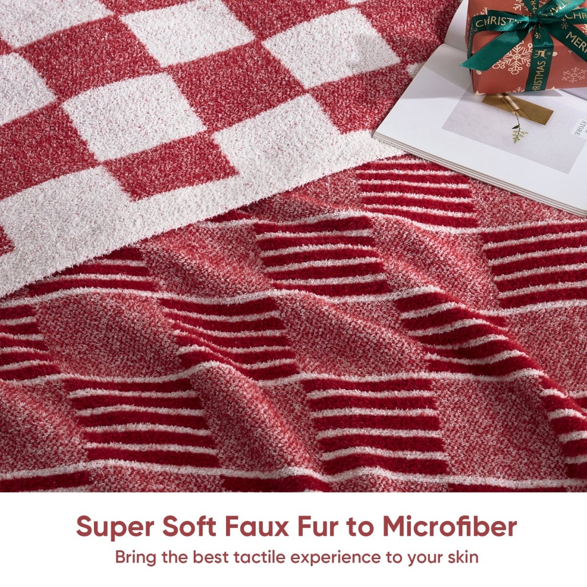Close-up of Reversible Heather Checkered Feather Yarn Throw Blanket in Red showcasing plush feather yarn texture and ultra soft faux fur to microfiber feel for enhanced comfort. #color_Christmas Red