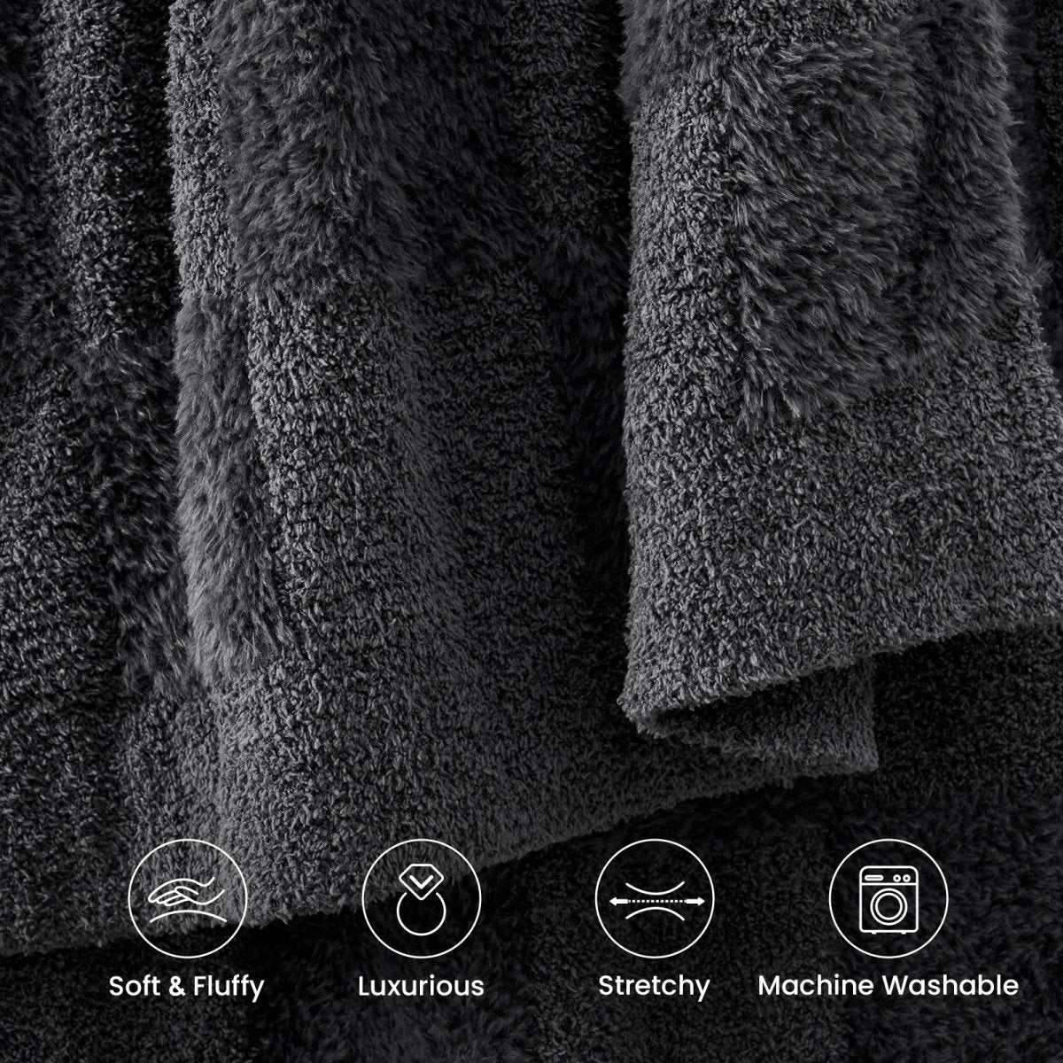 Close-up of Checkered Faux Fur Feather Yarn Throw Blanket in Dark Grey showcasing ultra soft faux fur texture with lightweight, stretchy and machine washable features. #Color_Dark Grey