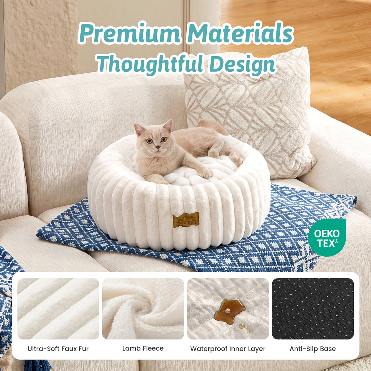 Cozy Bliss close-up of non-slip bottom and plush faux fur texture on 2-in-1 Striped Faux Fur Pet Bed#color_Cream White