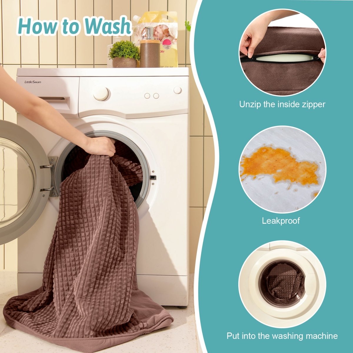 Person washing a brown pet bed cover in a washing machine with instructions on how to wash it. #Color_Brown