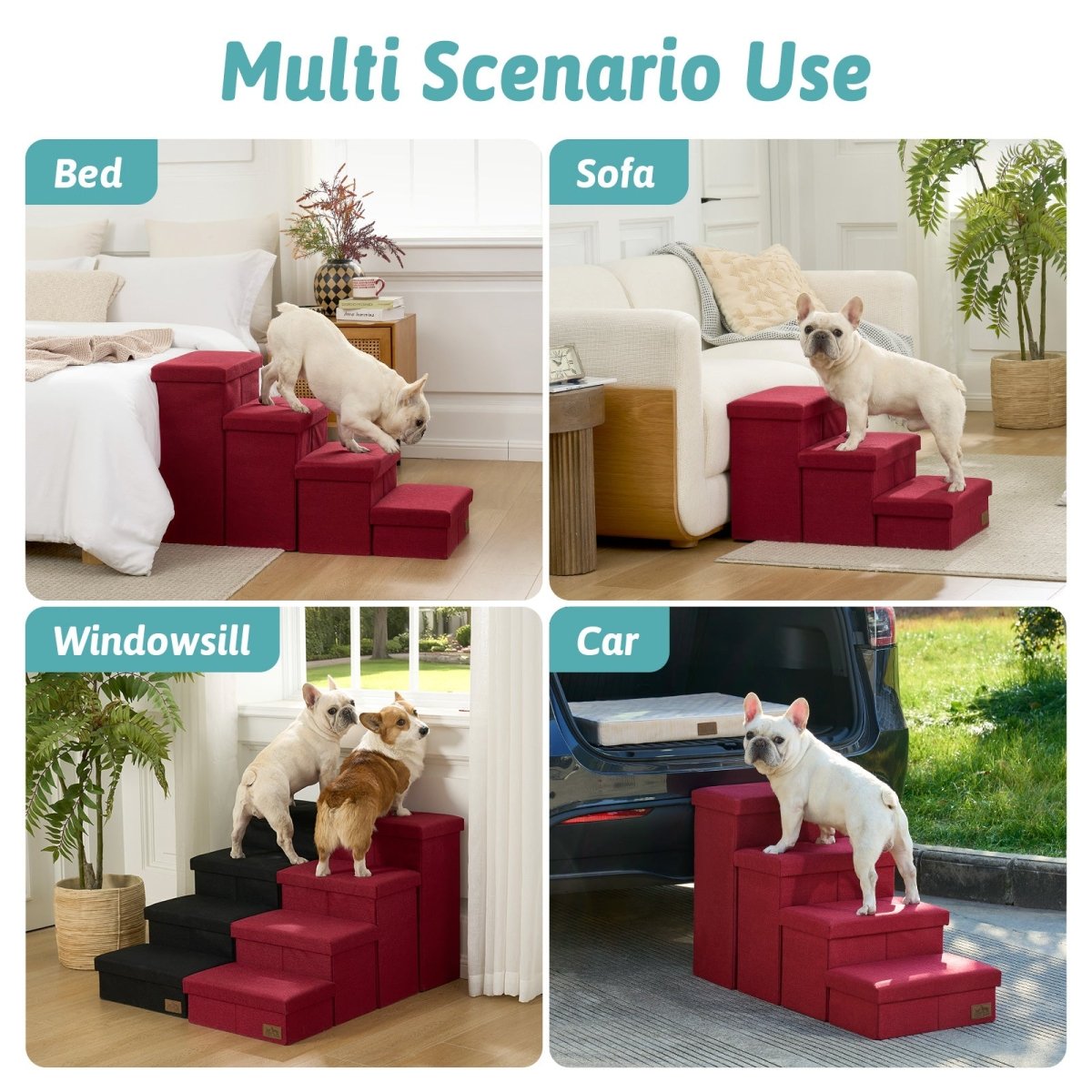 Versatile Cozy Bliss storage pet stairs for multi-scenario use such as bed, sofa, windowsill, and car. #color_Christmas Red