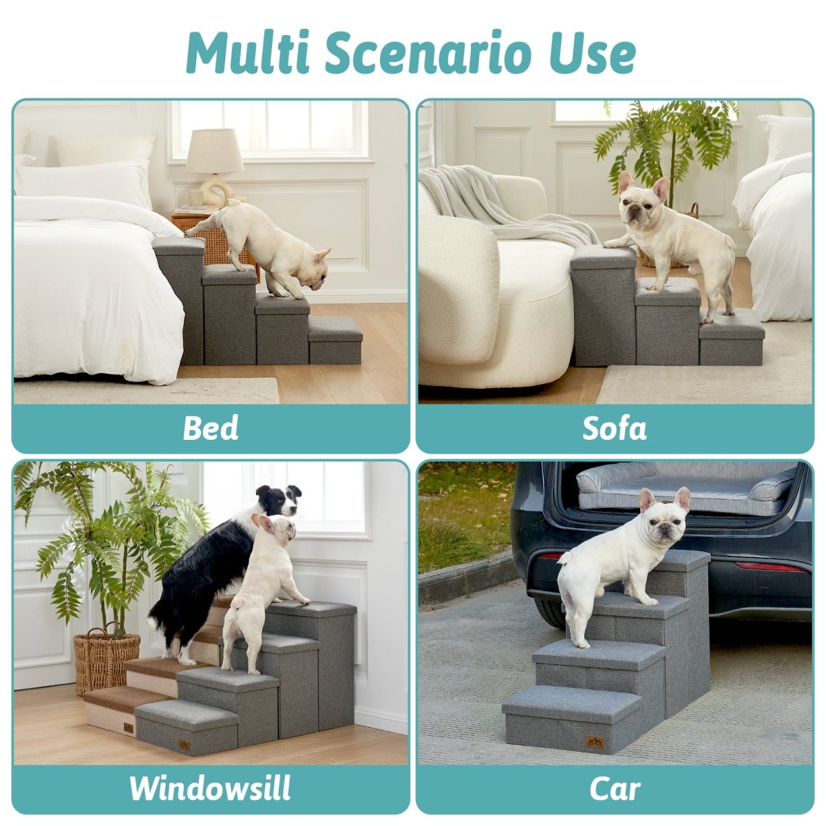Versatile Cozy Bliss storage pet stairs for multi-scenario use such as bed, sofa, windowsill, and car. #color_Grey