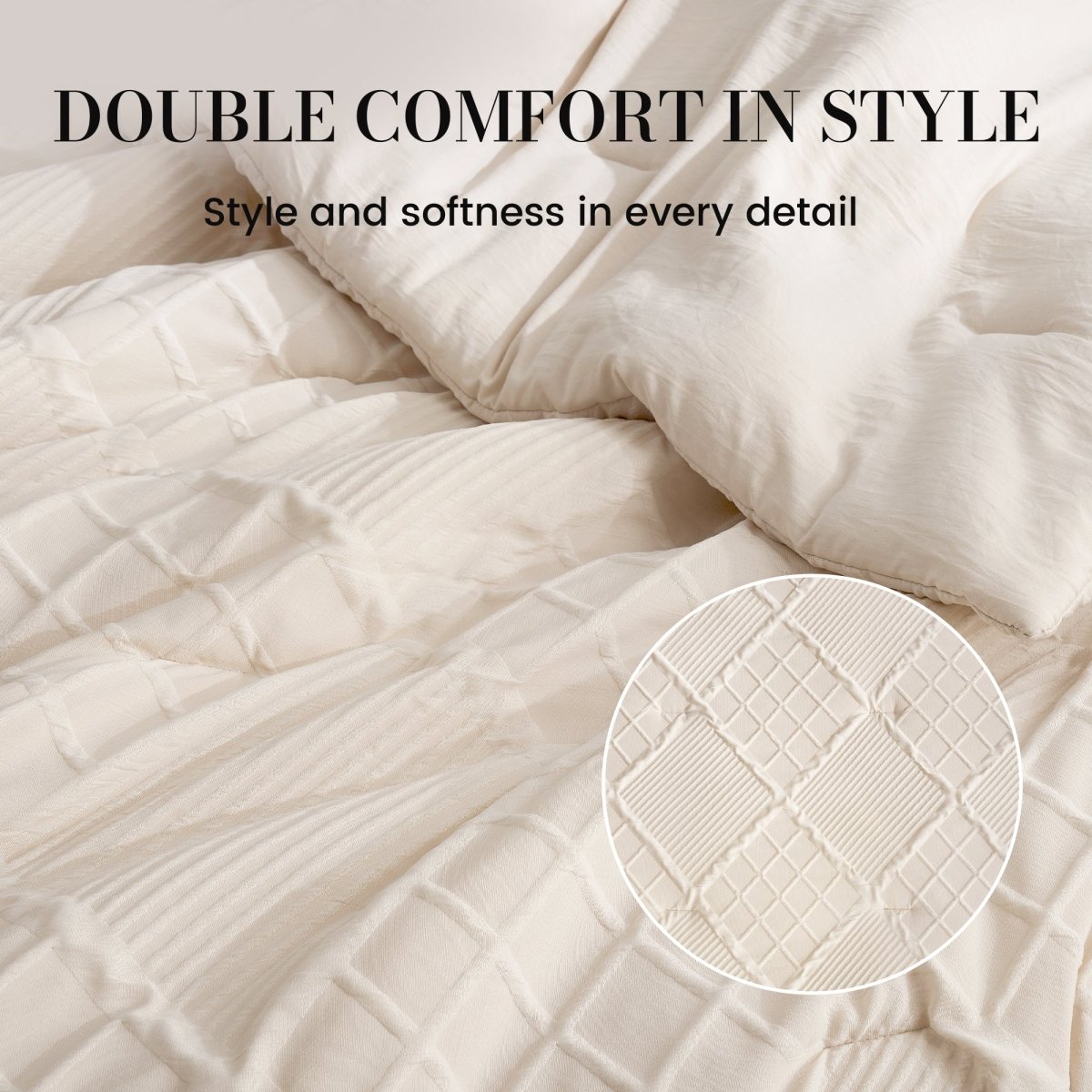 Soft textured diamond jacquard comforter detail with elegant geometric pattern and premium finish #color_Beige