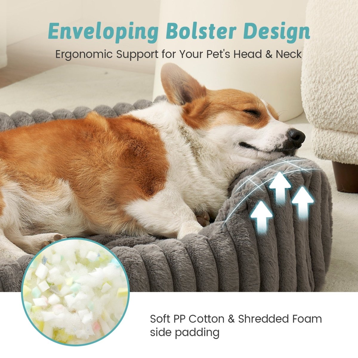 Dog resting on a plush pet bed with text highlighting its enveloping bolster design and filling.#color_Grey