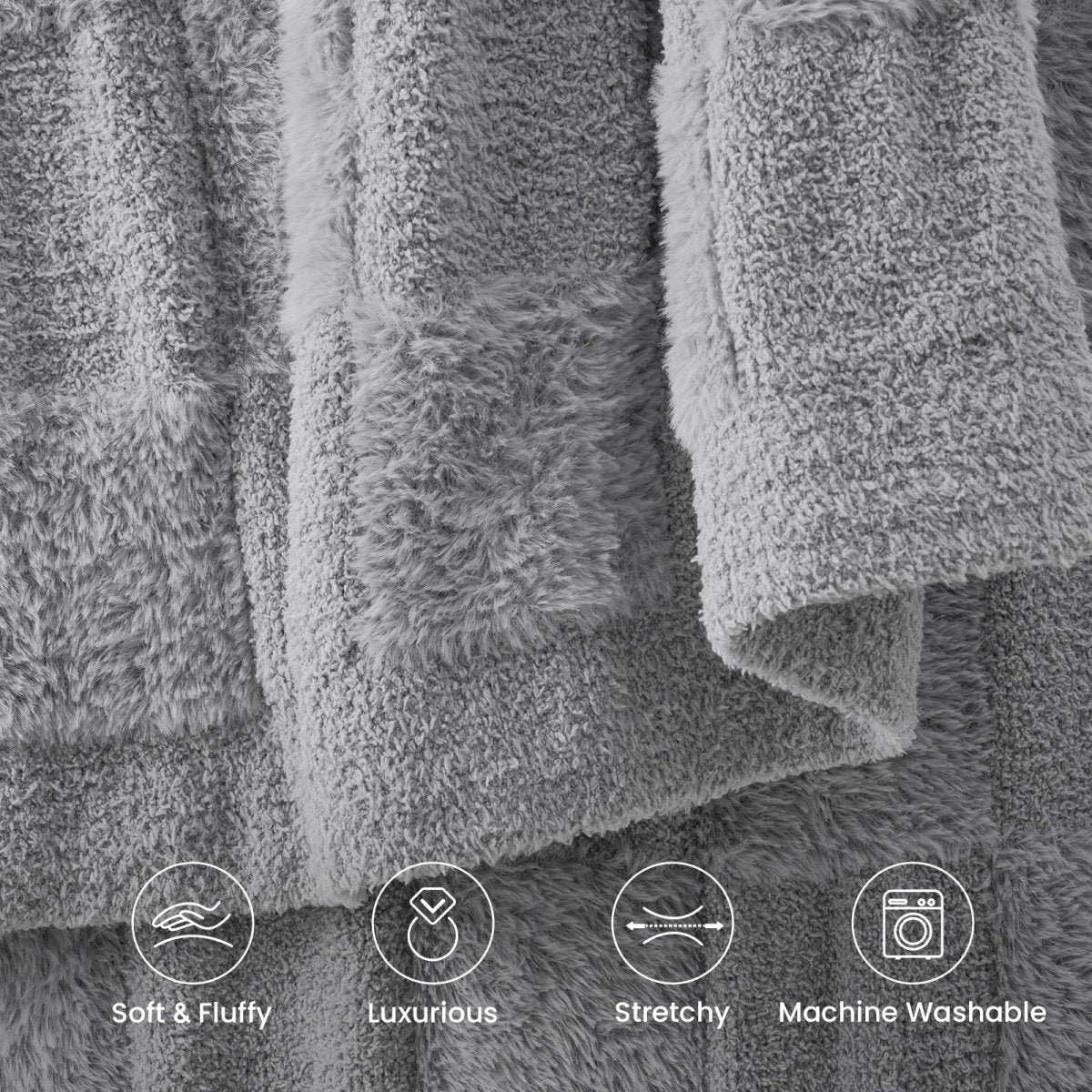 Close-up of Checkered Faux Fur Feather Yarn Throw Blanket in Light Grey showcasing ultra soft faux fur texture with lightweight, stretchy and machine washable features. #Color_Light Grey