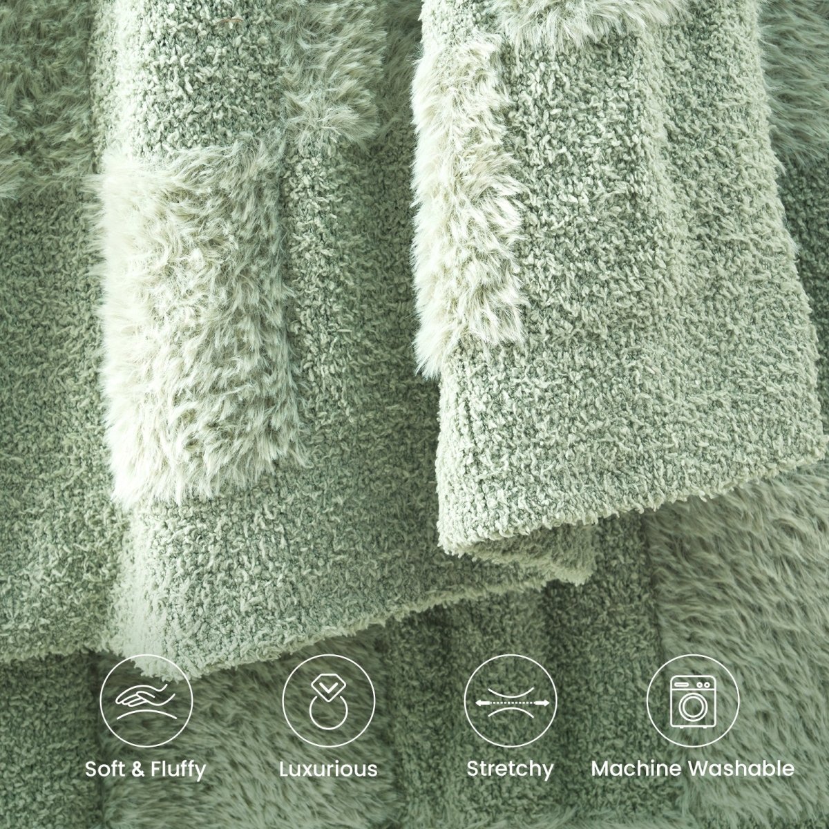 Close-up of Checkered Faux Fur Feather Yarn Throw Blanket in Sage Green showcasing ultra soft faux fur texture with lightweight, stretchy and machine washable features. #color_Sage Green