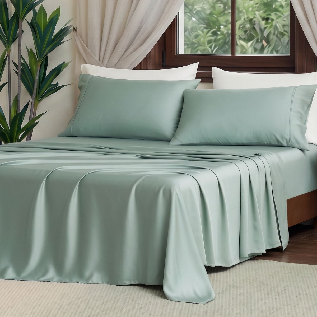 Front view of Cozy Bliss Tencel™ Eco-friendly Silky Sheet Set on a bed, showcasing smooth drape and elegant bedding style. #color_Sage Green