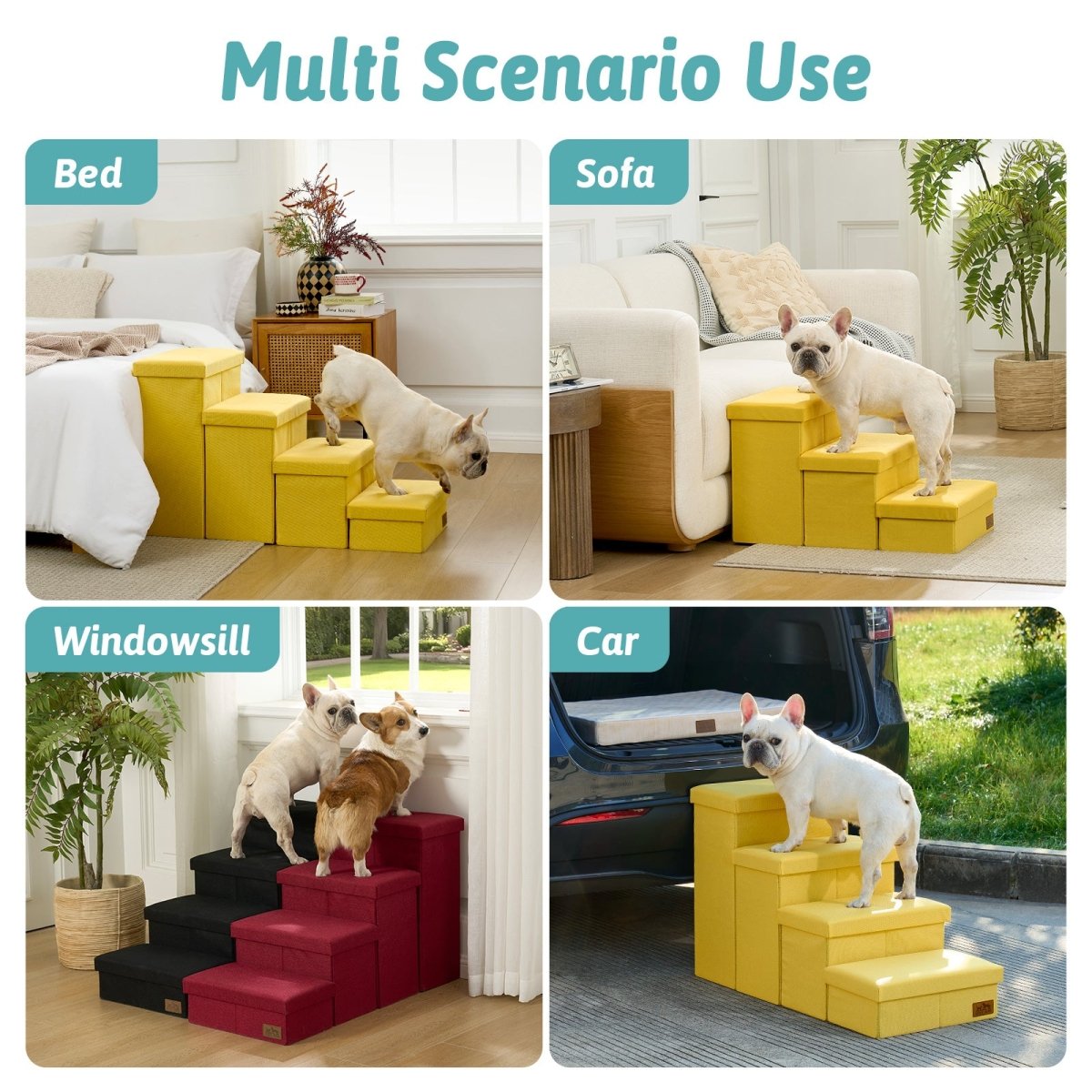 Versatile Cozy Bliss storage pet stairs for multi-scenario use such as bed, sofa, windowsill, and car. #color_Yellow