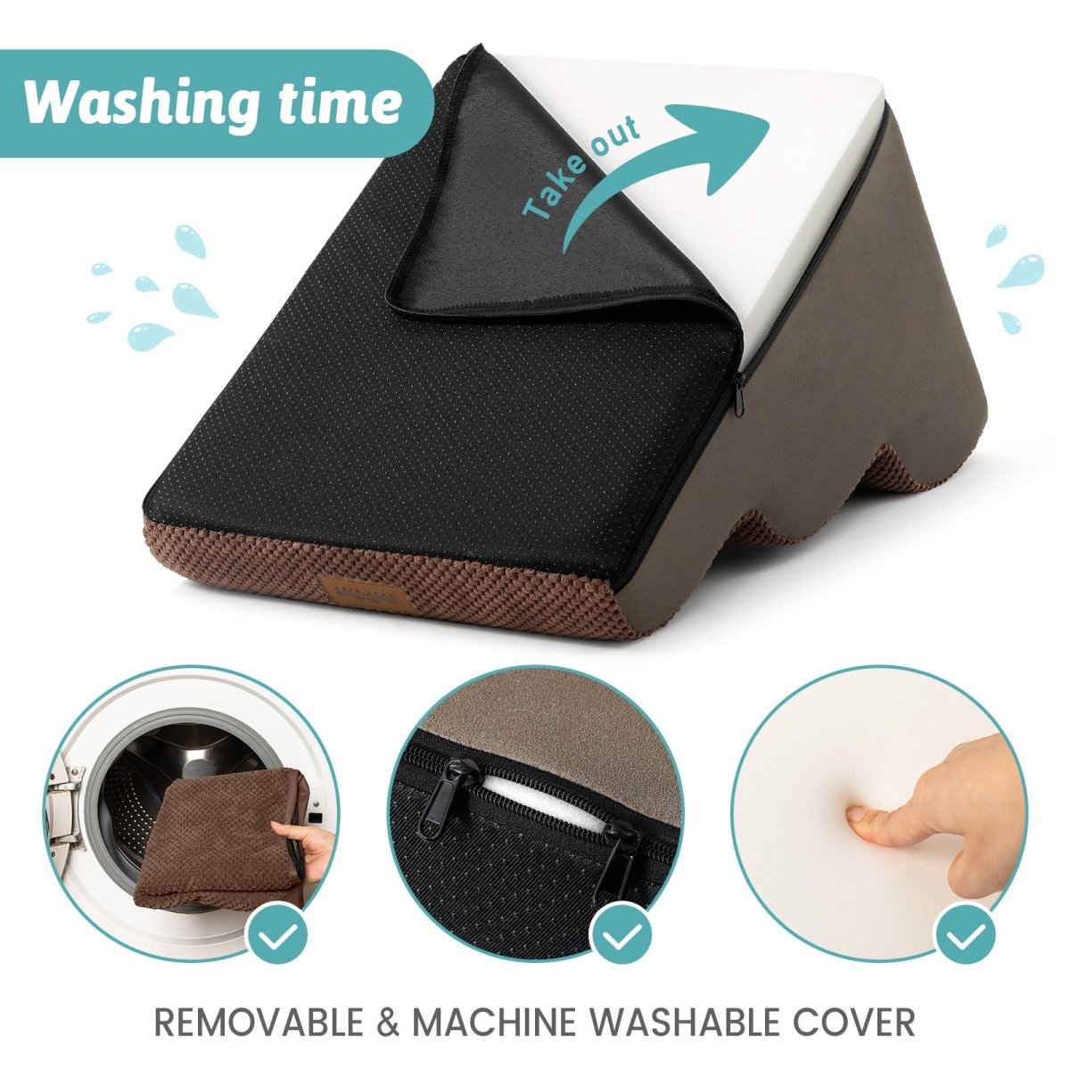 Pet Stair with a removable cover, washing instructions, and product details on a white background.#color_Brown