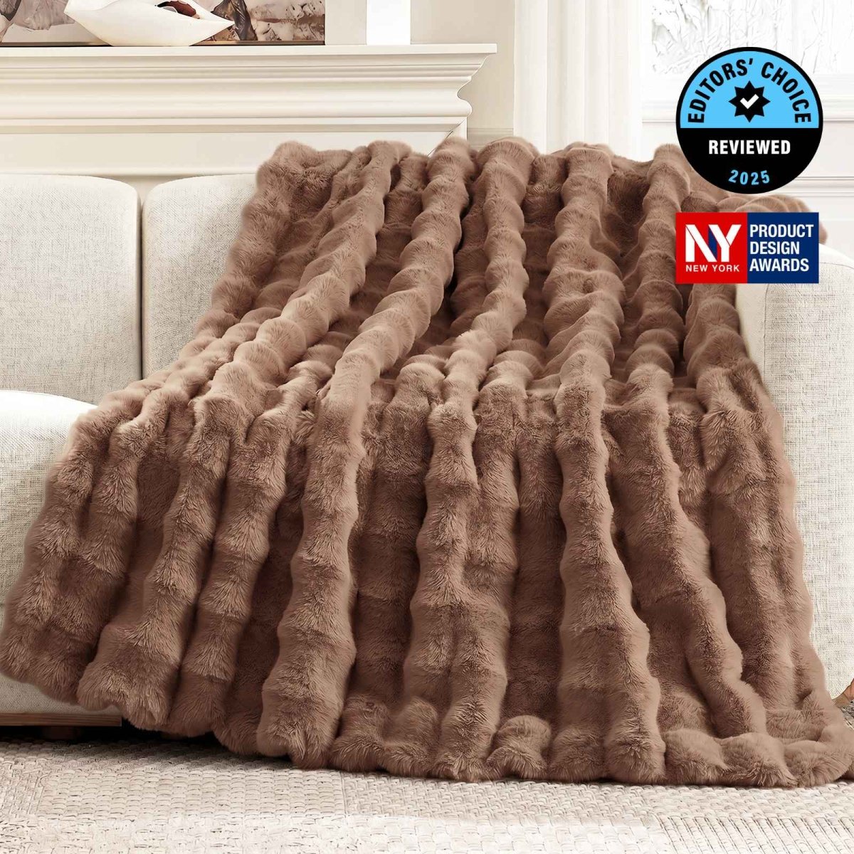 Cozy Bliss Luxurious Bubble Faux Fur Throw Blanket in brown front view #color_Brown