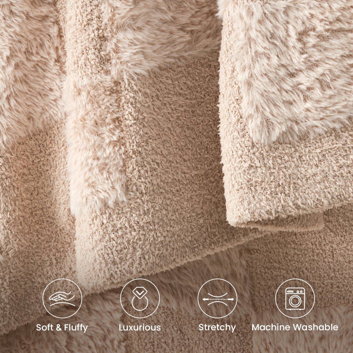 Close-up of Checkered Faux Fur Feather Yarn Throw Blanket in Beige showcasing ultra soft faux fur texture with lightweight, stretchy and machine washable features. #Color_Beige