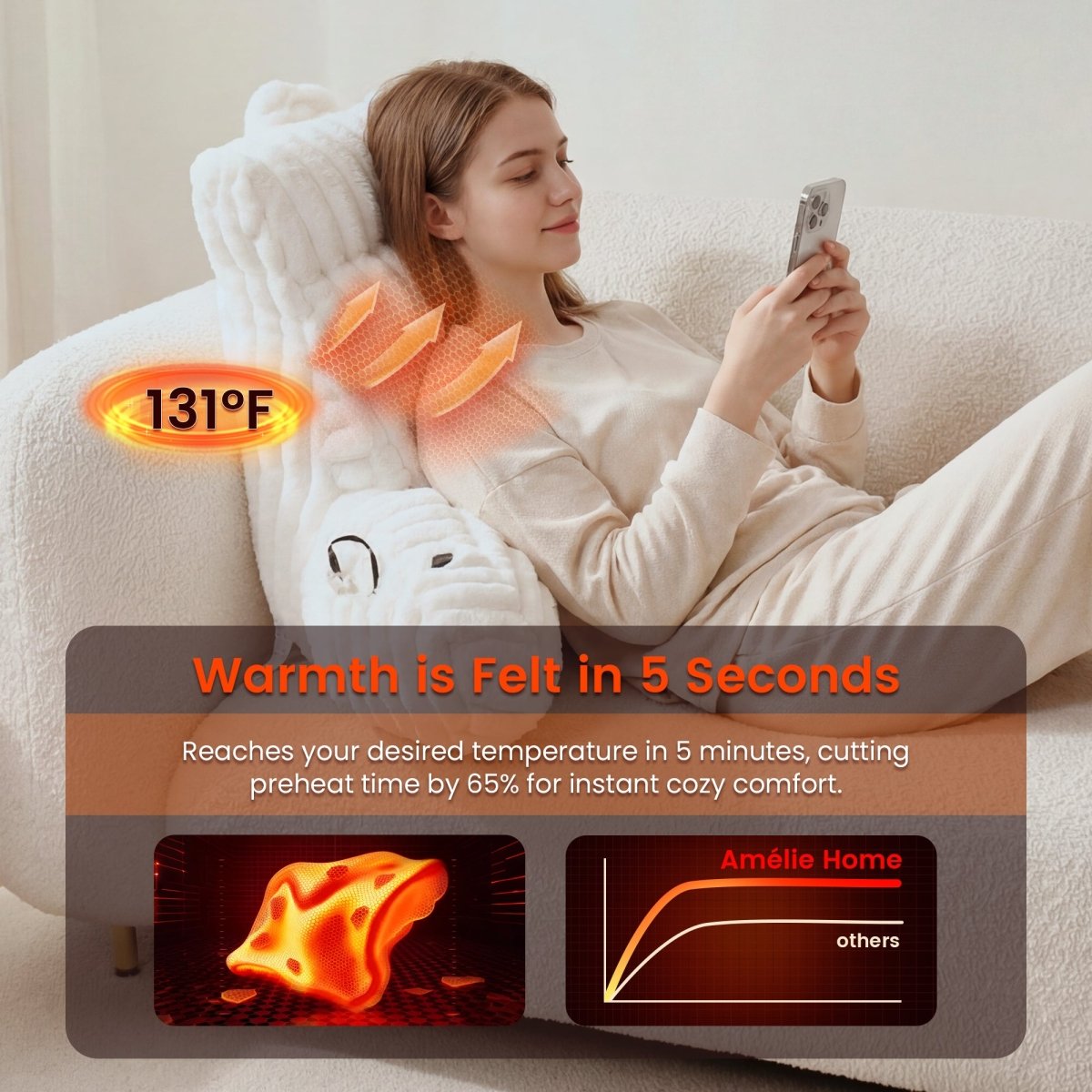Woman leaning on a heated backrest pillow, holding a phone, with text about quick warmth.#color_Ivory