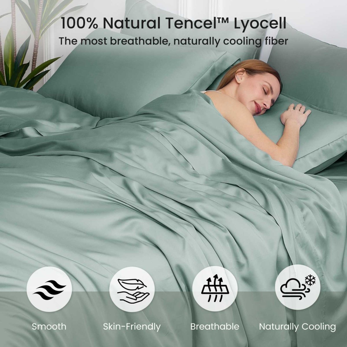 Adult sleeping under Cozy Bliss Tencel™ Eco-friendly Silky Duvet Cover Set, illustrating breathable and naturally cooling comfort. #color_Sage Green