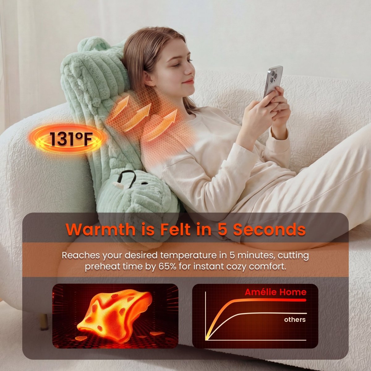 Woman leaning on a electric heated backrest pillow, holding a phone, with text about quick warmth.#color_Sage Green