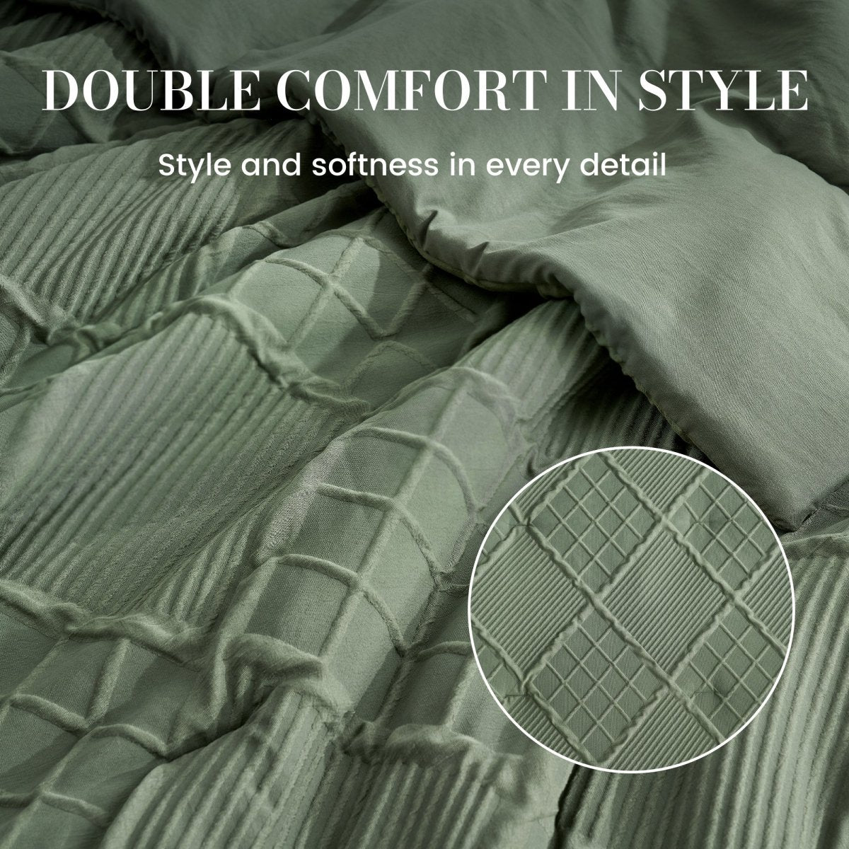 Soft textured diamond jacquard comforter detail with elegant geometric pattern and premium finish #color_Oliver Green