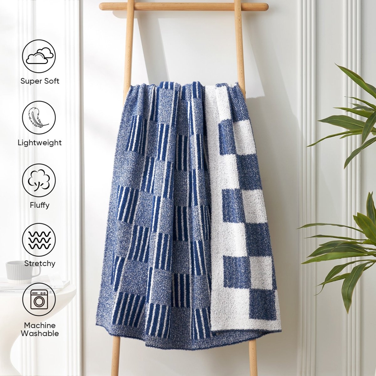 Reversible Heather Checkered Feather Yarn Throw Blanket in Navy displayed on a rack, featuring super soft, lightweight, fluffy and machine washable design. #color_Navy Blue