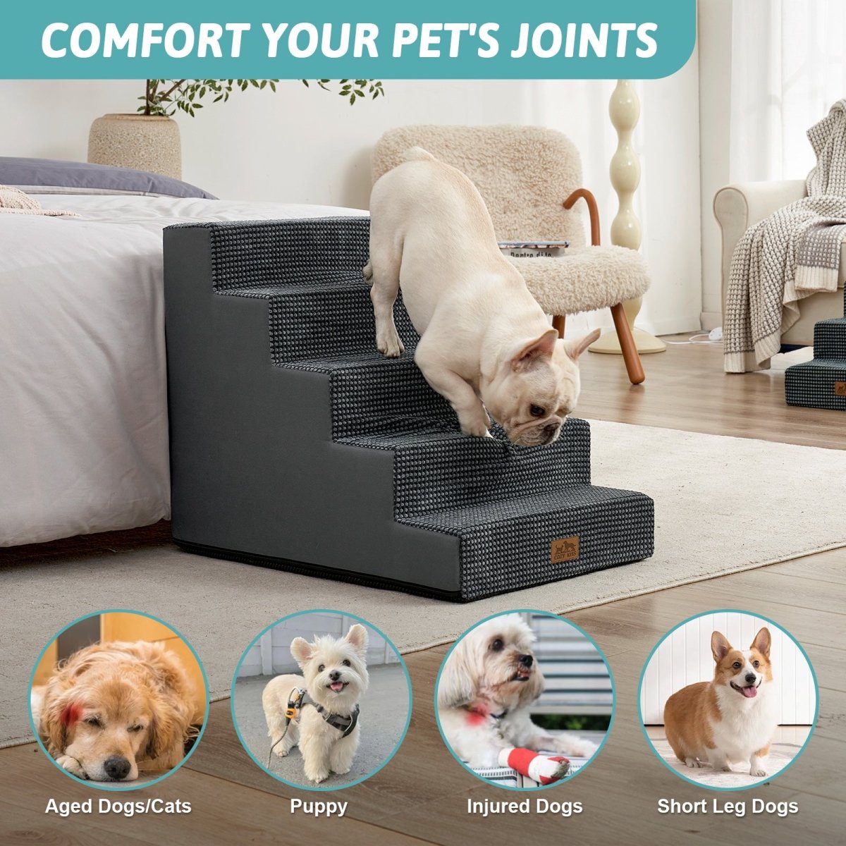 Cozy Bliss foam pet stairs help comfort joints for aged dogs, puppies, injured dogs, and short-leg dogs. #color_Grey