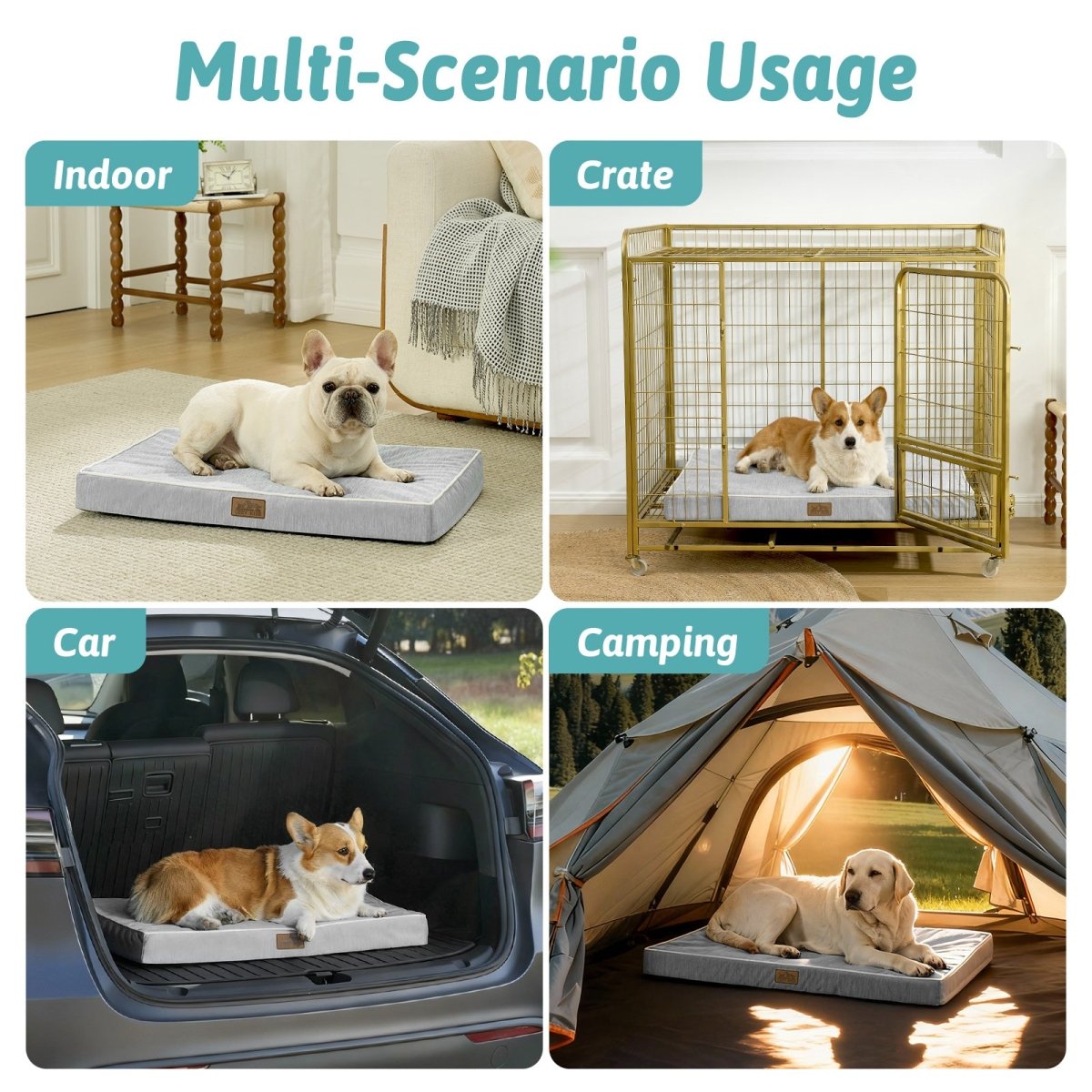 Dog bed used in various scenarios including indoor, crate, car, and camping.