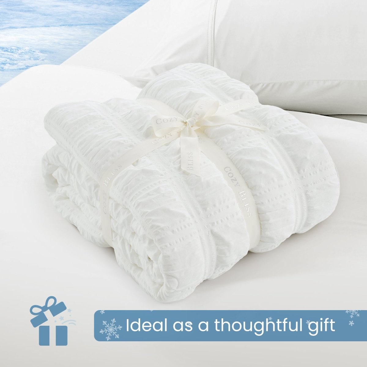 Cozy Bliss white cooling blanket gift wrapped for special occasions, soft and cozy present idea.#Color_Off White