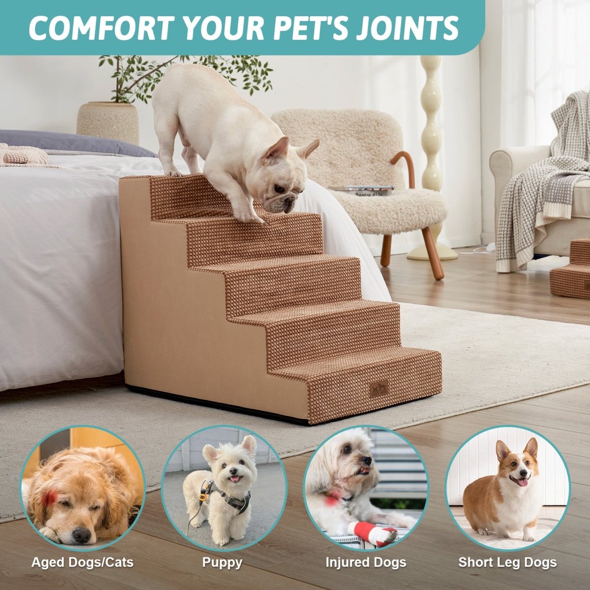 Cozy Bliss foam pet stairs help comfort joints for aged dogs, puppies, injured dogs, and short-leg dogs. #color_Light Brown