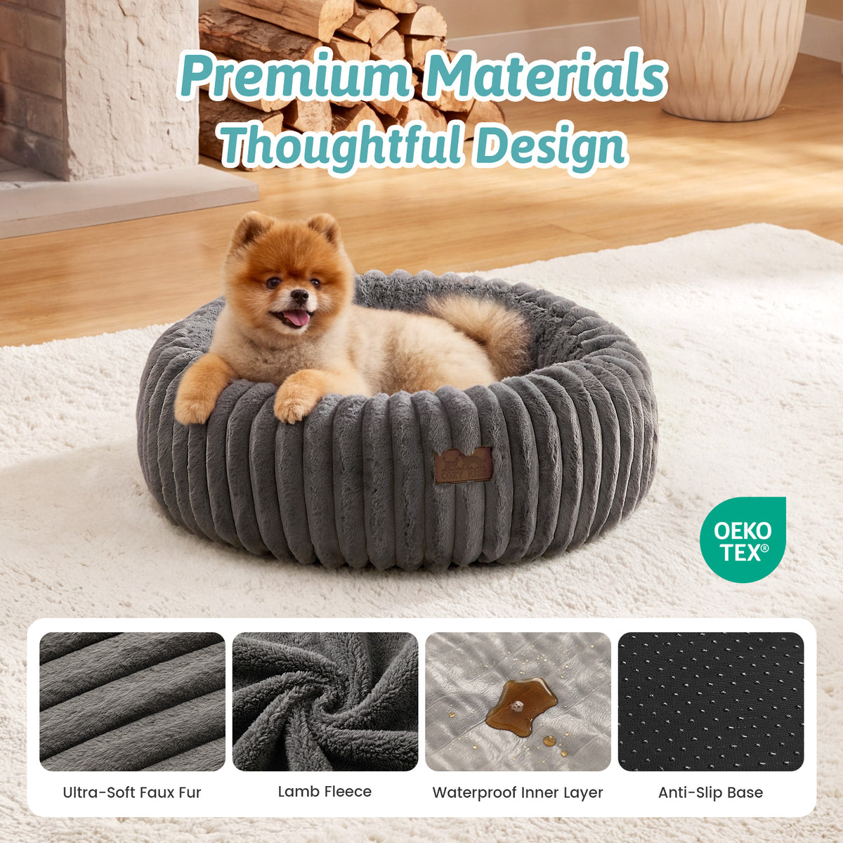 Cozy Bliss close-up of non-slip bottom and plush faux fur texture on 2-in-1 Striped Faux Fur Pet Bed#color_Dark Grey
