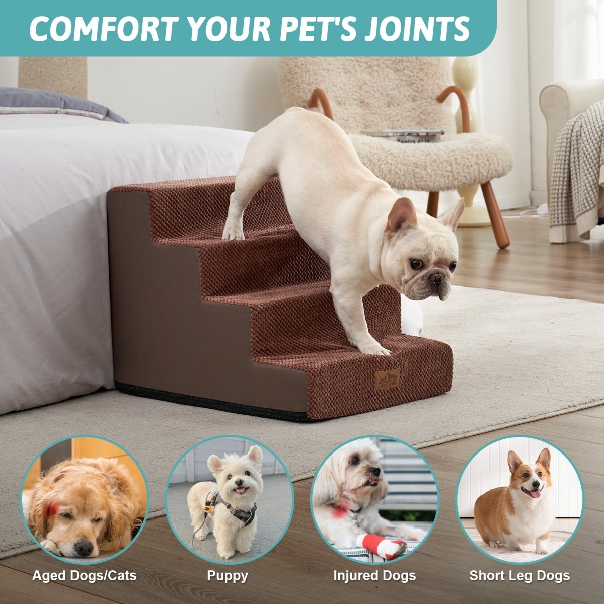 Cozy Bliss foam pet stairs help comfort joints for aged dogs, puppies, injured dogs, and short-leg dogs. #color_Brown