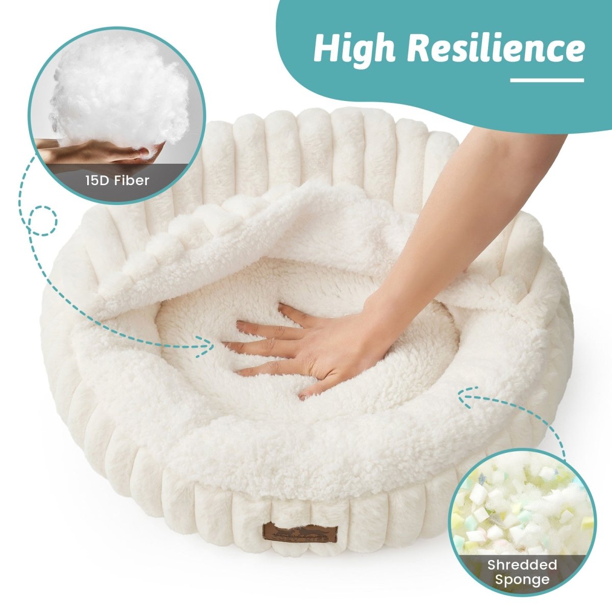 White pet bed with hand demonstrating resilience, 15D fiber, and shredded sponge features.#color_Cream White
