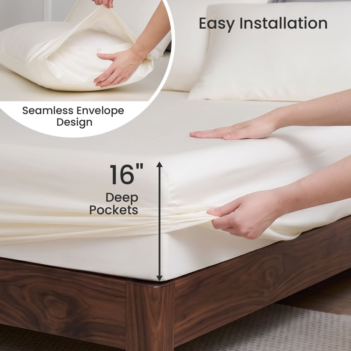 Close-up of hands fitting Cozy Bliss Tencel™ Eco-friendly Silky Sheet Set onto a mattress, showing 16-inch deep pocket design. #color_Cream White