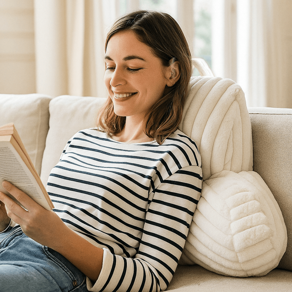 Woman reading a book on a couch with a reading pillow #color_Ivory