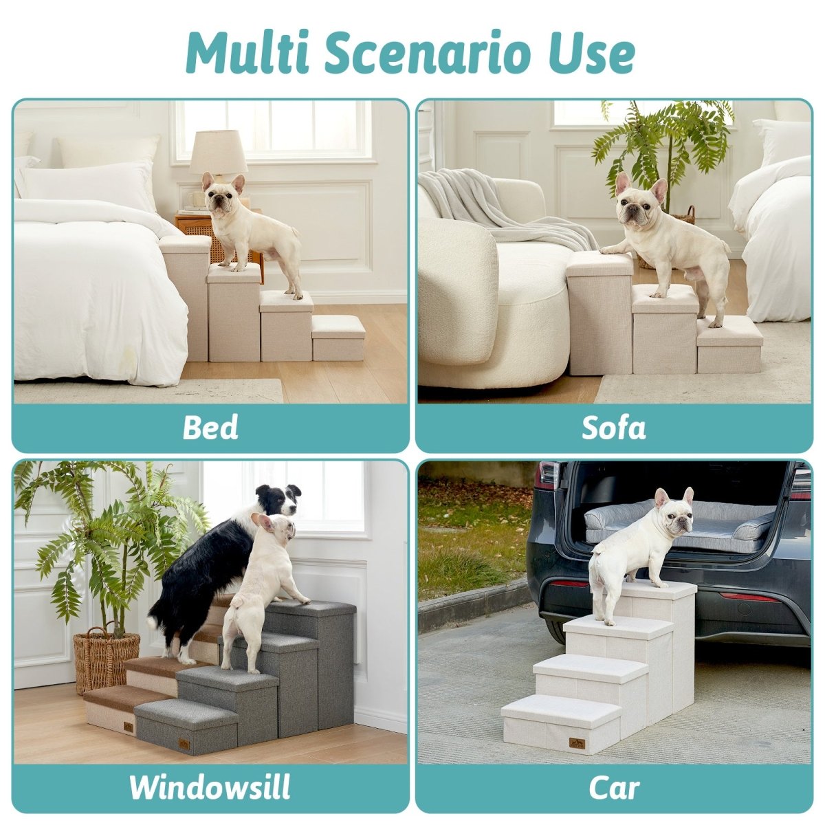 Versatile Cozy Bliss storage pet stairs for multi-scenario use such as bed, sofa, windowsill, and car. #color_Beige