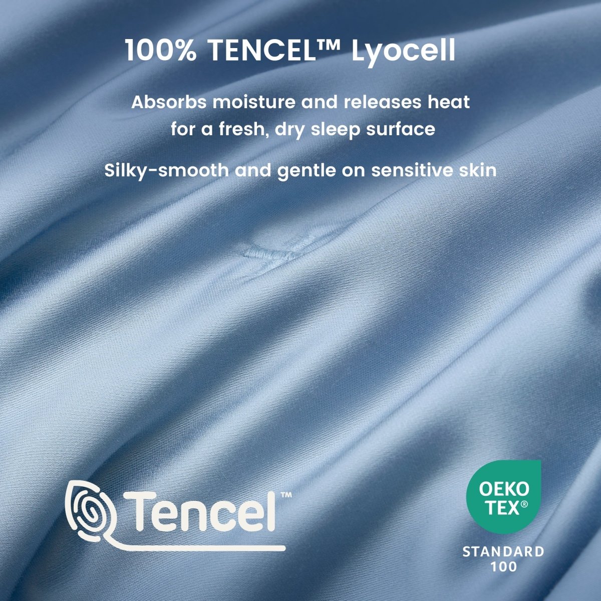 Close up of silky smooth Tencel™ lyocell cooling fabric with OKEO-TEX Standard 100 certification.#Color_Dark Blue