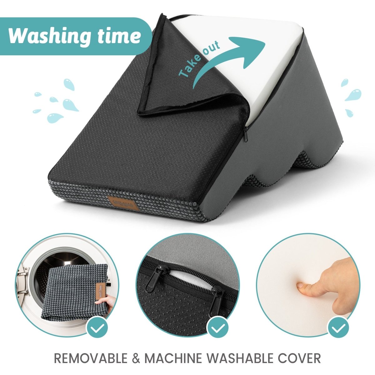 Pet stair with a removable cover, washing instructions, and product details on a white background.#Color_Charcoal Grey