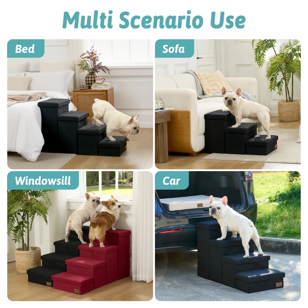 Versatile Cozy Bliss storage pet stairs for multi-scenario use such as bed, sofa, windowsill, and car. #color_Black