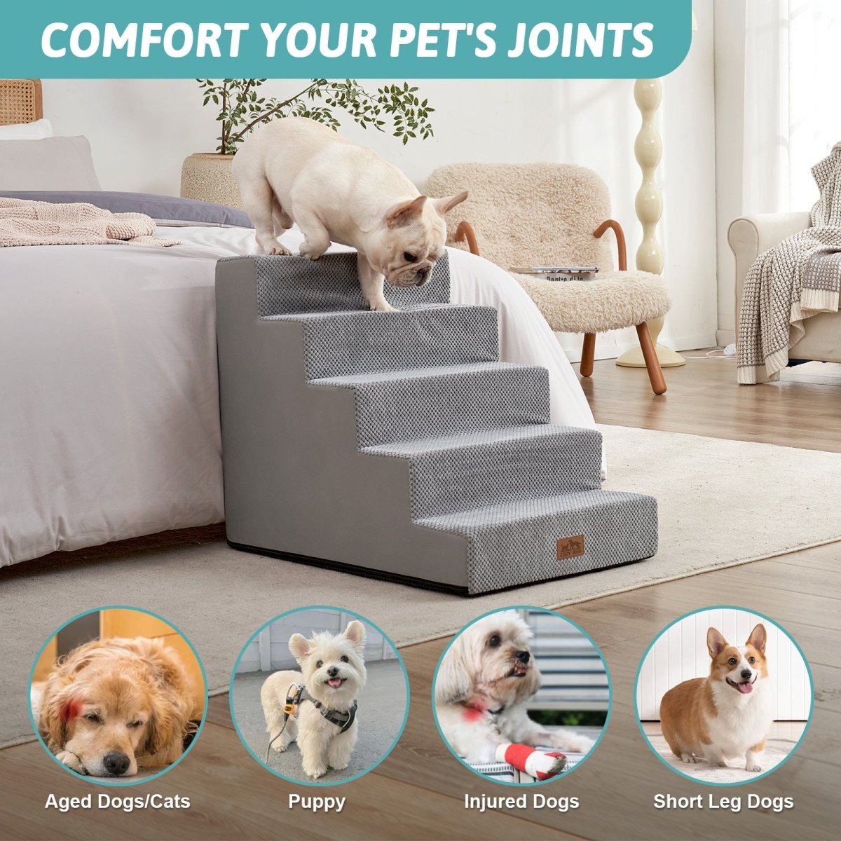 Cozy Bliss foam pet stairs help comfort joints for aged dogs, puppies, injured dogs, and short-leg dogs. #color_Light Grey