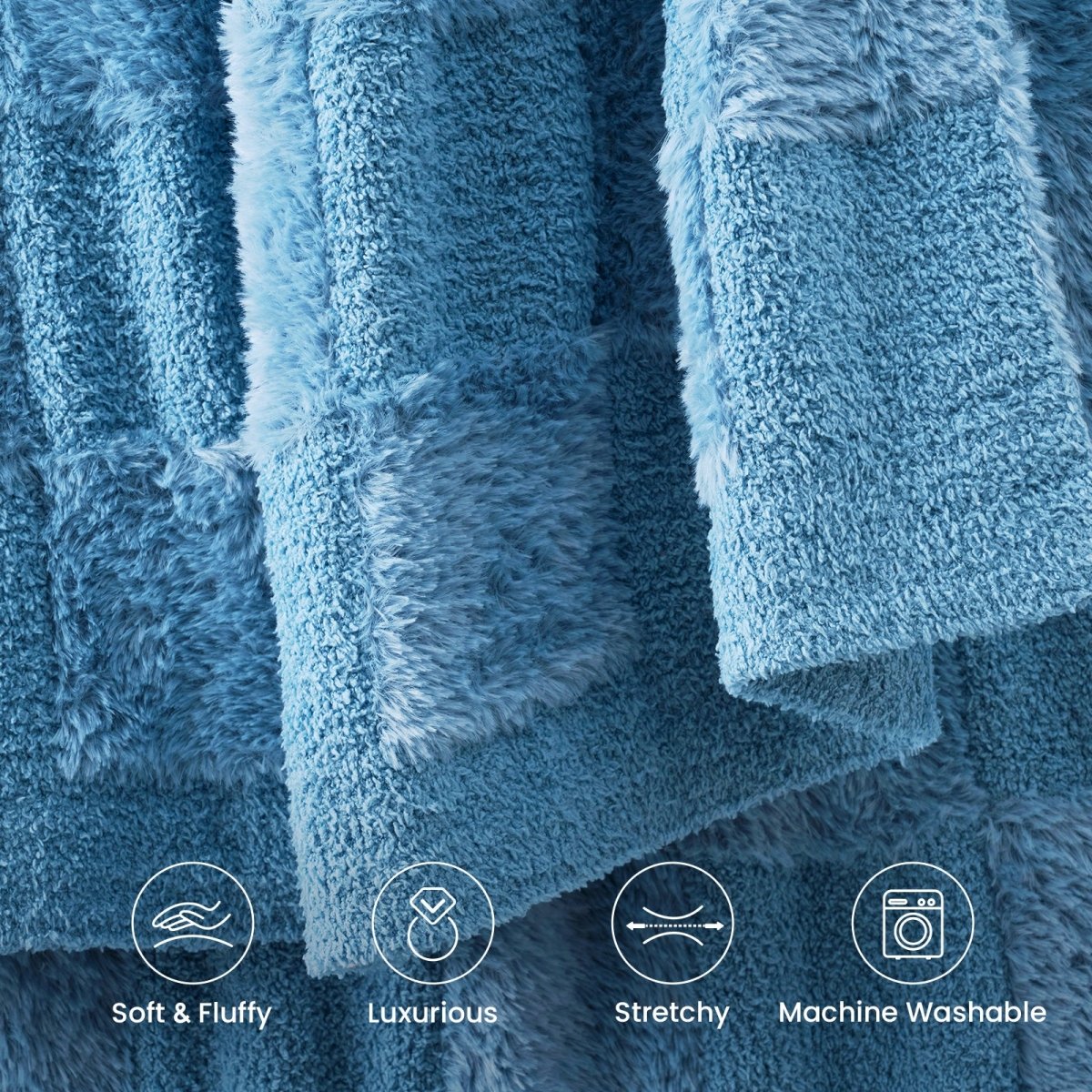 Close-up of Checkered Faux Fur Feather Yarn Throw Blanket in blue showcasing ultra soft faux fur texture with lightweight, stretchy and machine washable features. #Color_Misty Blue