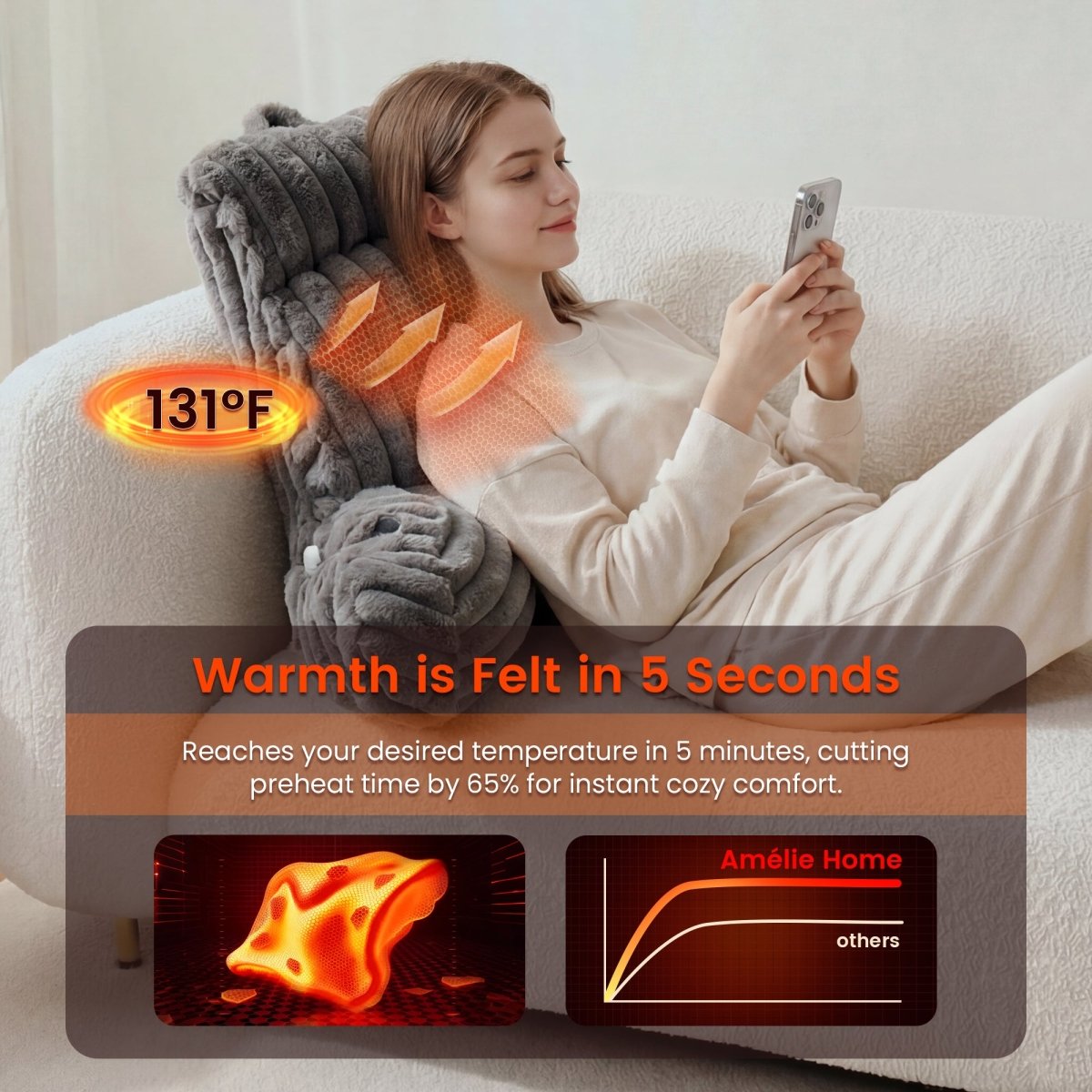 Woman leaning on a heated backrest pillow, holding a phone, with text about quick warmth.#color_Dark Grey