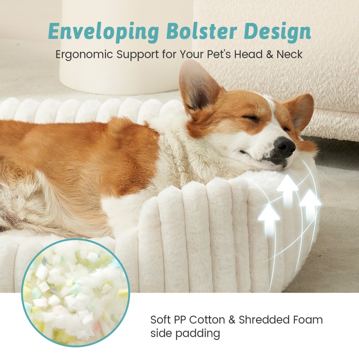 Dog resting on a plush pet bed with text highlighting its enveloping bolster design and filling.#color_Cream White