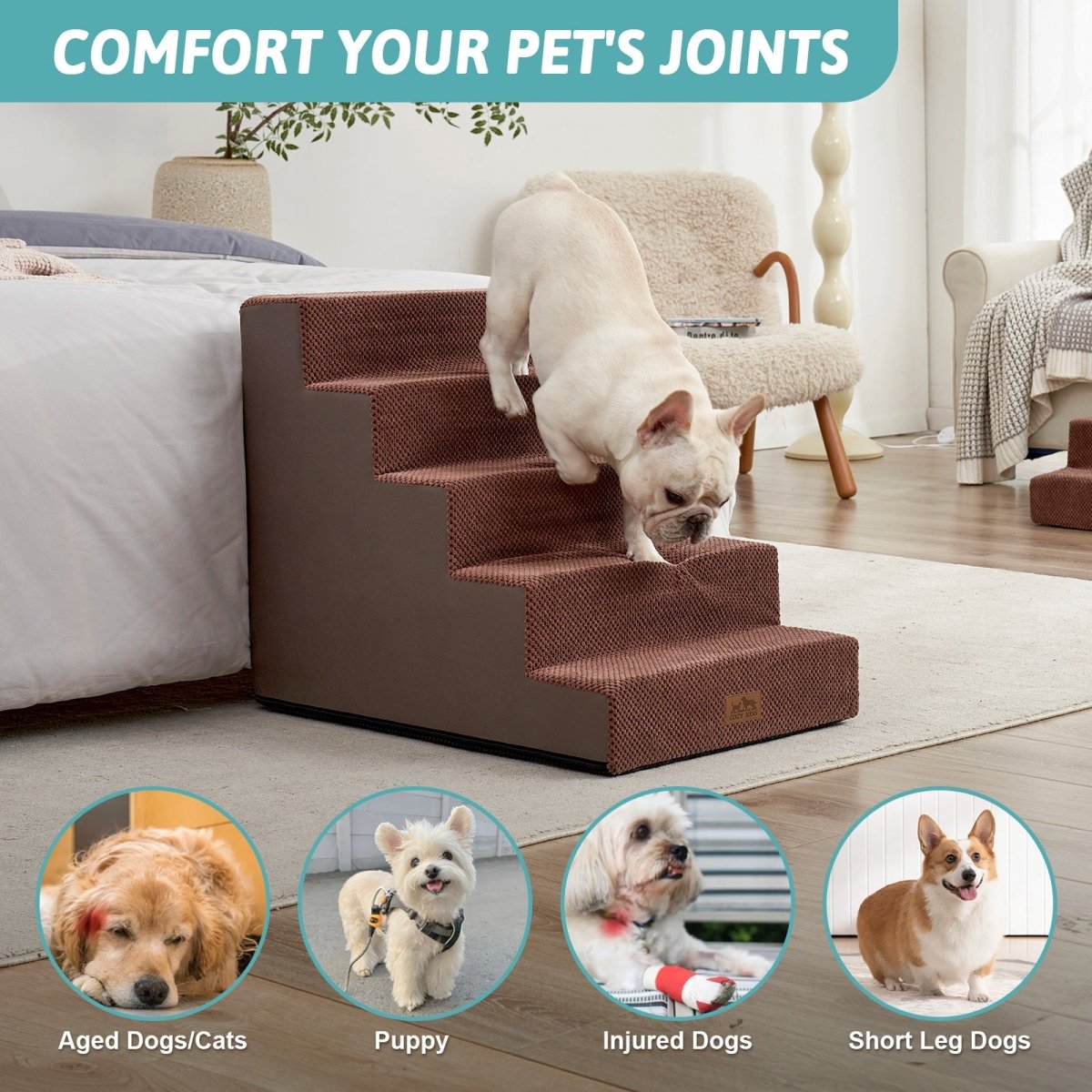 Cozy Bliss foam pet stairs help comfort joints for aged dogs, puppies, injured dogs, and short-leg dogs. #color_Brown