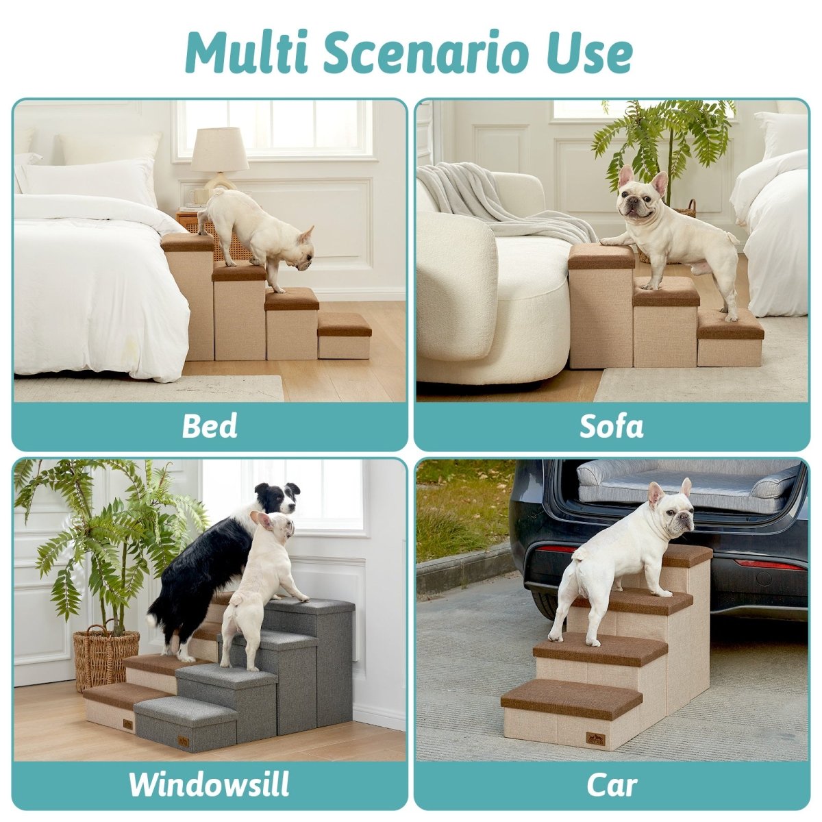 Versatile Cozy Bliss storage pet stairs for multi-scenario use such as bed, sofa, windowsill, and car. #color_Brown
