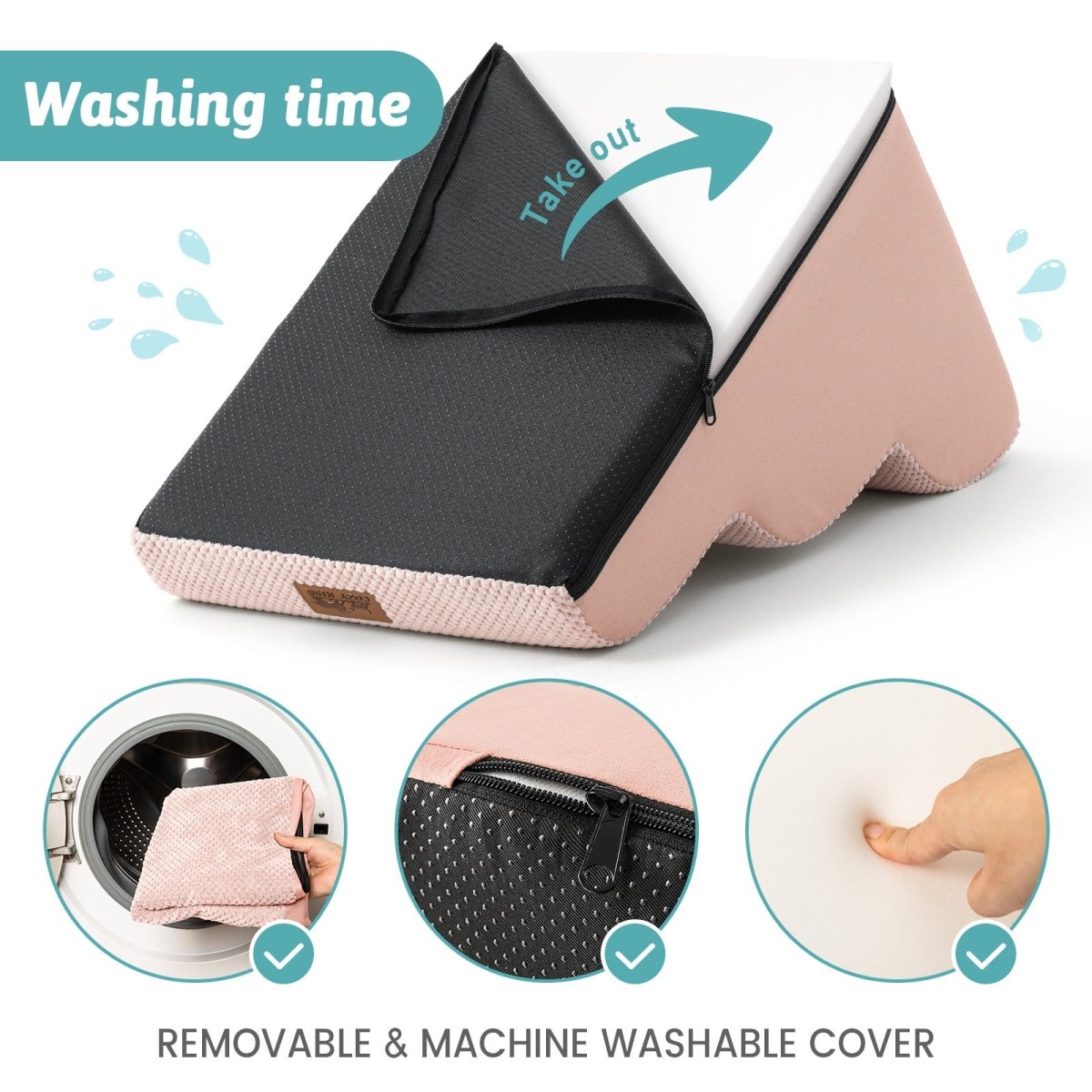 Pet stairs with a removable cover for washing, shown with washing machine icons and text indicating machine washability.#Color_Pink