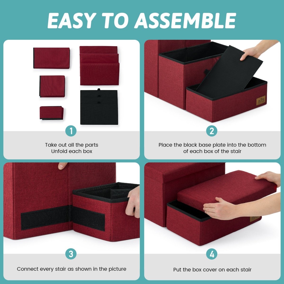 Size description chart for 3-step and 4-step Cozy Bliss storage pet stairs with detailed height and width measurements. #color_Christmas Red