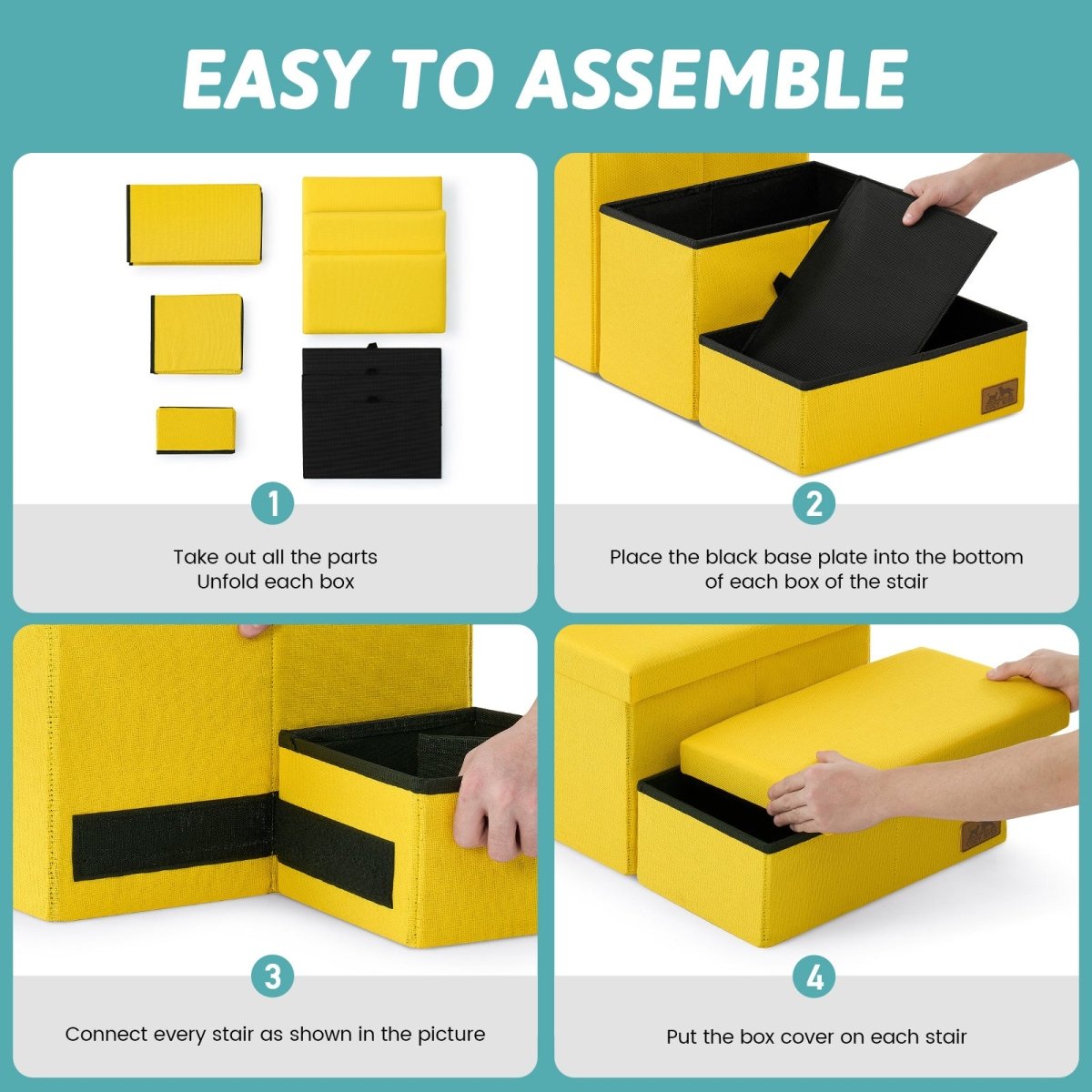 Easy to assemble Cozy Bliss storage pet stairs with simple 4-step unfolding and connecting process. #color_Yellow
