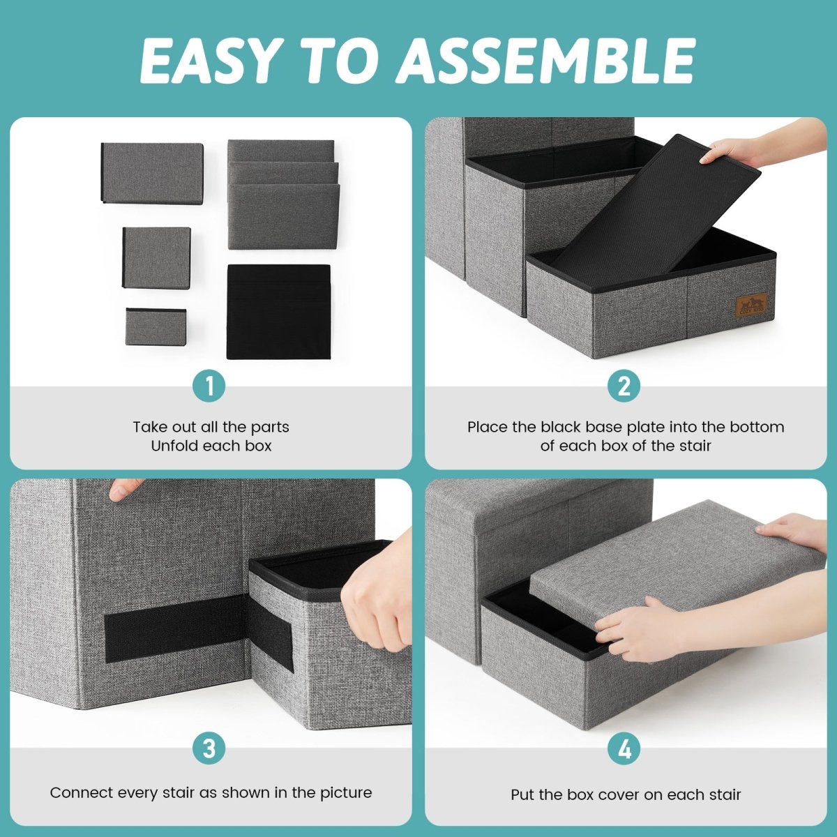 Easy to assemble Cozy Bliss storage pet stairs with simple 4-step unfolding and connecting process. #color_Grey