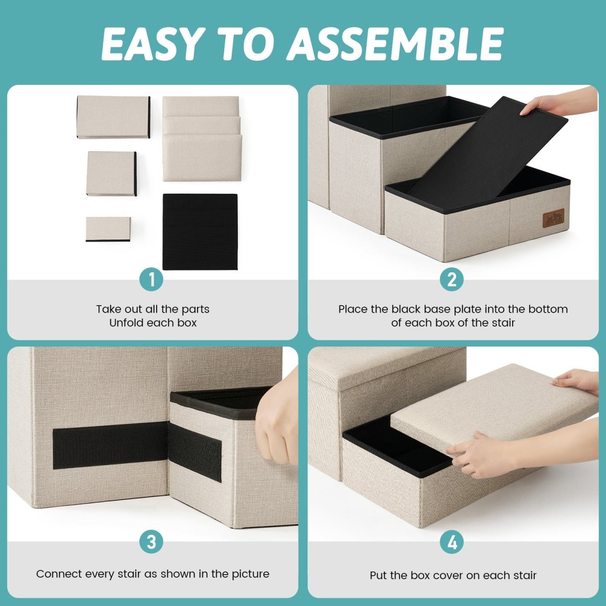 Easy to assemble Cozy Bliss storage pet stairs with simple 4-step unfolding and connecting process. #color_Beige