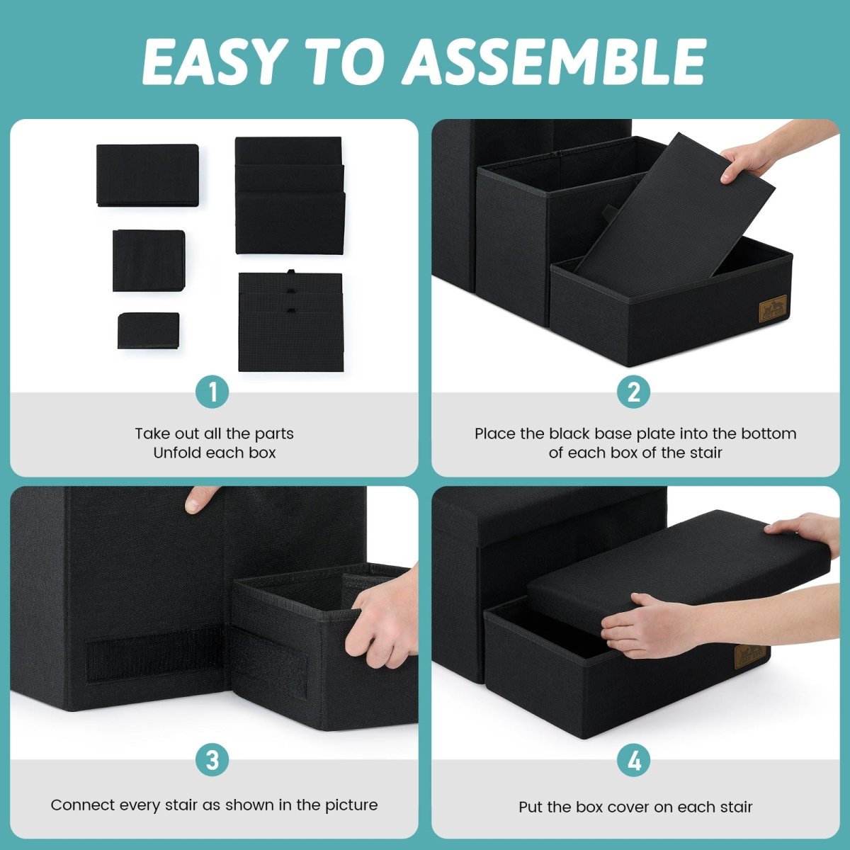 Easy to assemble Cozy Bliss storage pet stairs with simple 4-step unfolding and connecting process. #color_Black
