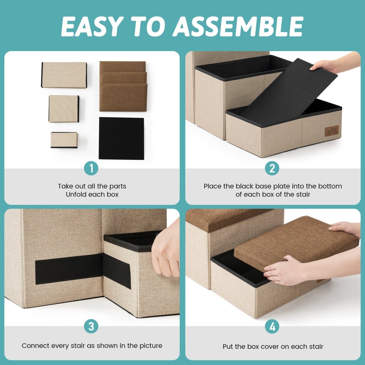 Easy to assemble Cozy Bliss storage pet stairs with simple 4-step unfolding and connecting process. #color_Brown
