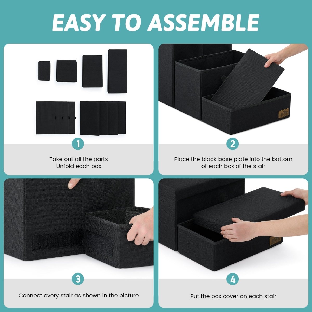 Easy to assemble Cozy Bliss storage pet stairs with simple 4-step unfolding and connecting process. #color_Black