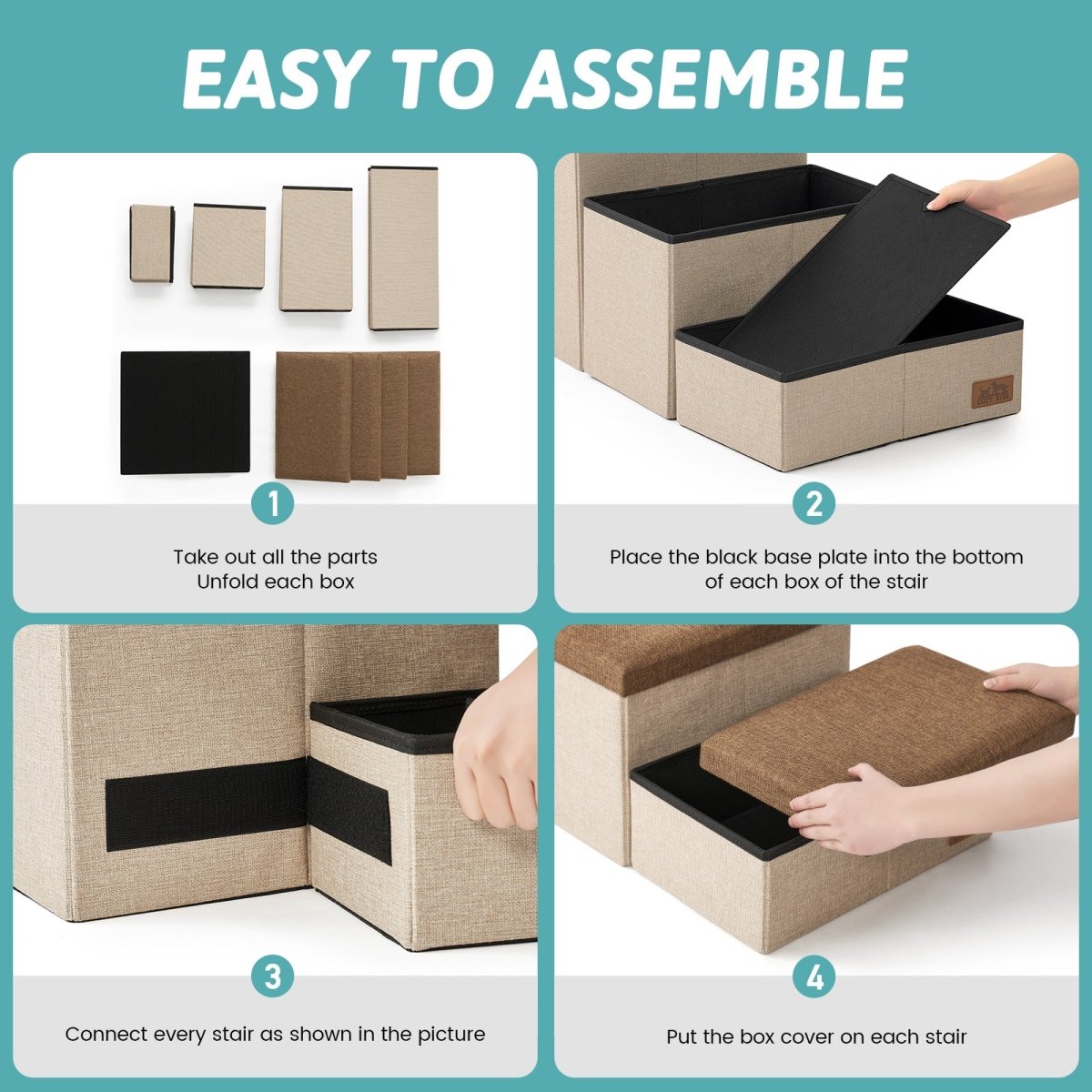 Easy to assemble Cozy Bliss storage pet stairs with simple 4-step unfolding and connecting process. #color_Brown