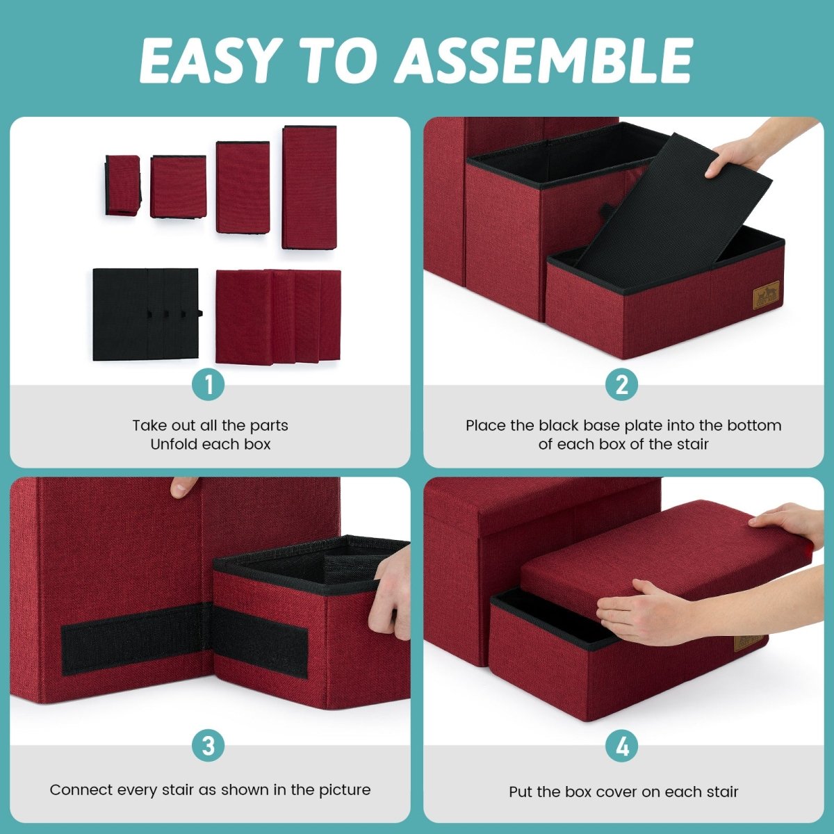 Easy to assemble Cozy Bliss storage pet stairs with simple 4-step unfolding and connecting process. #color_Christmas Red